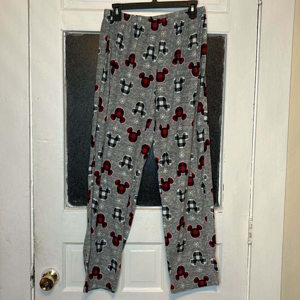 Disney Women’s Gray Red and White Plaid Mickey Mouse Print Fleece Pants Medium